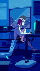 Rule 34 | 1girl, animated, animated gif, barefoot, black shorts, blanket, bob cut, book, book stack, calendar (object), city, computer, controller, crt, dithering, feet, fish, from side, game controller, glass bottle, headphones, highres, hood, hood down, hoodie, indoors, looping animation, monitor, mouse (computer), narume, original, pillow, pixel art, profile, purple hair, shelf, short shorts, shorts, sitting, soda bottle, solo, stereo, stool, underwater, used tissue, white hoodie, window