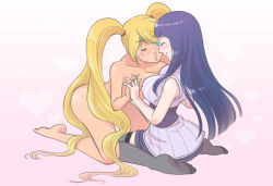 Rule 34 | black hair, blonde hair, blue eyes, breasts, closed eyes, clothed female nude female, completely nude, genderswap, hyuuga hinata, kiss, large breasts, naruko (naruto), naruto, naruto (series), naruto shippuuden, nude, risuo, sexy no jutsu, simple background, smile, twintails, uzumaki naruto