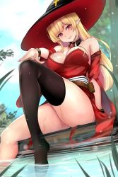 Rule 34 | 1girl, bare shoulders, black thighhighs, blonde hair, breasts, character request, cleavage, detached collar, detached sleeves, dungeon and fighter, elf, grin, hat, looking at viewer, pointy ears, red eyes, shaojiang, single thighhigh, sitting, smile, soaking feet, solo, thighhighs, witch hat