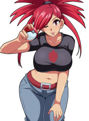 Rule 34 | 1girl, ;p, belt, breasts, creatures (company), crop top, denim, flannery (pokemon), game freak, gym leader, hand on own knee, hip focus, holding, holding poke ball, jeans, large breasts, looking at viewer, midriff, navel, nintendo, nishida megane, one eye closed, pants, poke ball, poke ball (basic), pokemon, pokemon oras, pokemon rse, ponytail, red eyes, red hair, shirt, short sleeves, simple background, smile, solo, swept bangs, taut clothes, taut shirt, tongue, tongue out, white background
