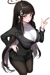 Rule 34 | 1girl, black hair, black halo, black jacket, black pantyhose, black suit, blazer, blue archive, blunt bangs, breasts, bright pupils, cropped legs, curvy, finger gun, formal, from above, hair ornament, hairclip, halo, hand on own hip, highres, jacket, large breasts, long hair, looking at viewer, miniskirt, open mouth, pantyhose, pleated skirt, red eyes, rio (blue archive), simple background, skirt, solo, stone (ksorede), suit, sweater, tight clothes, turtleneck, very long hair, white background, white pupils, white sweater