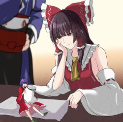 Rule 34 | 1boy, 2girls, absurdres, ascot, bow, brown hair, closed mouth, commentary request, detached sleeves, frilled bow, frilled hair tubes, frills, hair bow, hair tubes, hakurei reimu, hand on own cheek, hand on own face, highres, holding, holding pillow, japanese clothes, kimono, long hair, long sleeves, mini person, minigirl, monadmandara, morichika rinnosuke, multiple girls, no headwear, open mouth, pillow, purple hair, red bow, red eyes, red kimono, ribbon-trimmed sleeves, ribbon trim, short hair, smile, sukuna shinmyoumaru, touhou, wide sleeves, yellow ascot