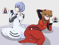 Rule 34 | 2girls, ass, ass-to-ass, ayanami rei, blue eyes, blue hair, bodysuit, breasts, character request, closed mouth, crossover, full body, gloves, hair between eyes, hair ornament, highres, holding, holding phone, long hair, medium breasts, multiple girls, neon genesis evangelion, phone, playing games, plugsuit, red eyes, short hair, souryuu asuka langley, sweat, white bodysuit, wide hips