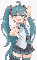 Rule 34 | 1girl, ahoge, black thighhighs, blue eyes, blue hair, blue nails, blue necktie, blush stickers, collared shirt, commentary request, cowboy shot, double v, fang, foreshortening, grey skirt, hatsune miku, highres, long hair, looking at viewer, miniskirt, nail polish, necktie, open mouth, pleated skirt, shirt, simple background, skirt, sleeveless, sleeveless shirt, smile, solo, tananuki, thighhighs, tie clip, twintails, twitter username, v, v-shaped eyebrows, v over eye, very long hair, vocaloid, watermark, white background, white shirt, zettai ryouiki