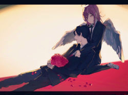 Rule 34 | 2boys, angel, angel devil (chainsaw man), angel wings, bad id, bad pixiv id, black hair, black jacket, black neckwear, black pants, blood, blood on clothes, brown hair, business suit, chainsaw man, feathered wings, flower, formal, halo, hayakawa aki, head tilt, holding, holding flower, hug, hug from behind, jacket, long hair, long sleeves, looking at viewer, lying, lying on person, medium hair, mitsubachi (roundbee), multiple boys, necktie, on back, own hands together, pants, petals, red flower, shirt, shirt tucked in, short hair, simple background, suit, white background, white shirt, wings