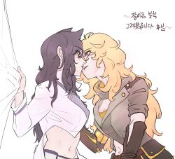 Rule 34 | 2girls, abs, alternate costume, animal ears, black hair, blake belladonna, blonde hair, cat ears, commentary request, highres, imminent kiss, korean text, multiple girls, navel, prosthesis, prosthetic arm, rwby, translation request, yang xiao long, yuri