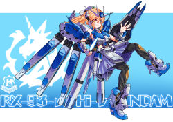 Rule 34 | 1girl, absurdres, ag 00000, beam saber, bit (gundam), blonde hair, blue background, breasts, char&#039;s counterattack, char&#039;s counterattack - beltorchika&#039;s children, character name, cleavage, commentary, dagger, emblem, fin funnels, full body, group name, gundam, hi-nu gundam, high ponytail, highres, holding, holding dagger, holding knife, holding weapon, jewelry, knife, long hair, looking at viewer, mecha musume, ponytail, ring, shield, sidelocks, smile, solo, two-tone background, v-fin, weapon, white background, yellow eyes