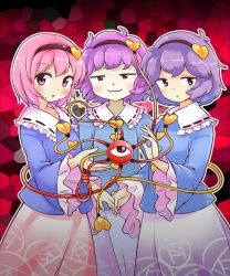 Rule 34 | 3girls, :3, black hairband, blue shirt, blush, cowboy shot, frilled sleeves, frills, hairband, holding hands, hand up, heart, highres, itatatata, komeiji satori, long sleeves, looking at viewer, multiple girls, multiple persona, pink eyes, pink hair, pink skirt, purple eyes, purple hair, purple skirt, red background, shirt, short hair, skirt, smile, smug, stained glass, touhou, wide sleeves