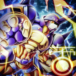 Rule 34 | armor, belt, blitzmon, digimon, electricity, horns, looking at viewer, yellow eyes