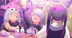 Rule 34 | 4girls, amirun, anger vein, arm up, bar (place), bartender, black scarf, blue hair, blush stickers, bottle, character request, commentary request, crossover, cup, dog, dollar sign, drawing on another&#039;s face, drawings, closed eyes, furrowed brow, g11 (girls&#039; frontline), girls&#039; frontline, green hair, hair between eyes, hair ornament, hashtag, hk416 (girls&#039; frontline), holding, holding cup, holding marker, jill stingray, long sleeves, marker, milk bottle, multiple girls, off shoulder, paw print, purple hair, rad shiba, scarf, skirt, sleep mask, tongue, tongue out, twintails, va-11 hall-a, whiskers, white skirt, zzz