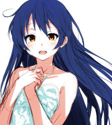 Rule 34 | 1girl, bare shoulders, blue hair, blush, commentary request, crying, crying with eyes open, dress, hair between eyes, hands on own chest, itsui (dihydrogenmonoxid), long hair, looking at viewer, love live!, love live! school idol project, open mouth, simple background, solo, sonoda umi, tears, white background, yellow eyes
