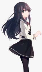 Rule 34 | 10s, 1girl, alternate eye color, asaoka (0x0), asashio (kancolle), belt, black dress, black hair, black pantyhose, buttons, dress, eyebrows, grey background, grey eyes, kantai collection, long hair, long sleeves, looking at viewer, looking to the side, neck ribbon, pantyhose, pinafore dress, red ribbon, ribbon, simple background, sleeveless, sleeveless dress, smile, solo, sweater