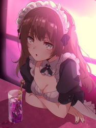 Rule 34 | 1girl, breasts, brown hair, cup, drinking glass, highres, large breasts, long hair, looking at viewer, maid, omuraisu (omerise4), original, tagme, wine glass