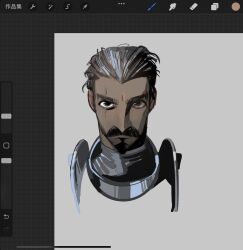 Rule 34 | 1boy, armor, ballister boldheart, black hair, cropped shoulders, dark-skinned male, dark skin, facial hair, goatee, gradient hair, hair slicked back, highres, looking at viewer, male focus, multicolored hair, mustache, nimona, scar, scar across eye, serious, short hair, solo, thick eyebrows, thick mustache, undercut, unfinished, xkov (cerberuskeeper)