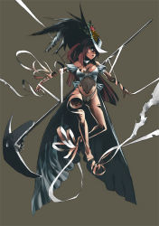 Rule 34 | 1girl, bad id, breasts, cleavage, feathers, hat, large breasts, mayumio, scythe, solo, surreal, weapon