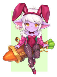 Rule 34 | 1girl, animal ears, bow, bowtie, brown pantyhose, closed mouth, colored skin, detached sleeves, fake animal ears, fishnet pantyhose, fishnets, fur-trimmed jacket, fur trim, green background, highres, jacket, league of legends, leotard, nestkeeper, pantyhose, pink jacket, playboy bunny, pointy ears, purple skin, rabbit ears, red bow, red bowtie, short hair, smile, solo, tristana, two-tone background, white background, white hair, yellow eyes