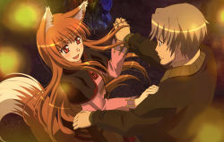 Rule 34 | 00s, absurdres, animal ears, arakawa megumi, blush, craft lawrence, dancing, detexted, highres, holo, long hair, non-web source, orange hair, red eyes, silver hair, spice and wolf, tail, third-party edit, very long hair, wolf ears, wolf tail