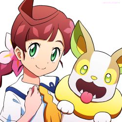 Rule 34 | 1girl, braid, braided ponytail, brown hair, chloe (pokemon), closed mouth, collared dress, commentary request, creatures (company), dress, flower, game freak, gen 8 pokemon, green eyes, hair flower, hair ornament, hand up, highres, kuroki shigewo, long hair, looking at viewer, nintendo, pink flower, pokemon, pokemon (anime), pokemon (creature), pokemon journeys, school uniform, short sleeves, simple background, smile, split mouth, vermilion city school uniform, white background, white dress, yamper, yellow neckwear