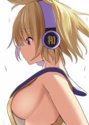Rule 34 | 1girl, amisu, bare shoulders, blonde hair, breasts, brown eyes, commentary request, earmuffs, from side, hair between eyes, large breasts, one-hour drawing challenge, pointy hair, profile, short hair, sideboob, simple background, sleeveless, solo, touhou, toyosatomimi no miko, upper body, white background