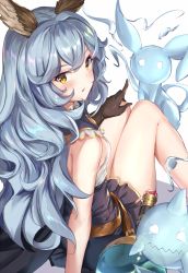 Rule 34 | 1girl, animal ears, bare legs, bare shoulders, belt, blue cape, blue dress, blush, breasts, brown gloves, cape, commentary request, curly hair, dress, erune, ferry (granblue fantasy), from behind, ghost, gloves, granblue fantasy, grey hair, highres, isaya (pixiv4541633), knees up, long hair, looking at viewer, looking back, open mouth, sideboob, sitting, small breasts, solo, very long hair, yellow eyes