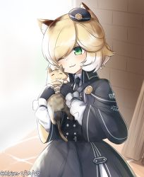 Rule 34 | 1girl, :3, absurdres, animal, animal ears, arknights, belt, black belt, black capelet, black dress, black gloves, black hat, black necktie, blonde hair, buttons, capelet, cat, cat ears, closed mouth, collared coat, dated, double-breasted, dress, fingerless gloves, gloves, green eyes, hat, highres, holding, holding animal, holding cat, klaius, long sleeves, medium hair, mini hat, mousse (arknights), necktie, one eye closed, shirt, smile, solo, twitter username, white shirt, wing collar