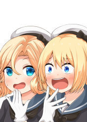 Rule 34 | 2girls, black neckwear, blonde hair, blue eyes, blue sailor collar, comiching, commentary request, gloves, hat, highres, janus (kancolle), jervis (kancolle), kantai collection, kimoi girls (meme), long hair, meme, multiple girls, open mouth, parody, parted bangs, sailor collar, sailor hat, short hair, simple background, smug, teeth, upper body, upper teeth only, white background, white gloves, white headwear