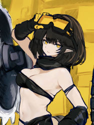 Rule 34 | 1girl, absurdres, arknights, bandeau, black bandeau, black gloves, black hair, black scarf, breasts, circular saw, cleavage, eunectes (arknights), gloves, goggles, goggles on head, highres, looking at viewer, medium breasts, midriff, navel, one-hour drawing challenge, pointy ears, saw, scarf, short hair, solo, tab head, tinted eyewear, yellow background, yellow eyes