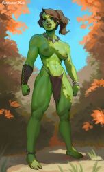 Rule 34 | 1girl, artist name, autumn leaves, barefoot, blue sky, colored skin, commentary, day, english commentary, fangs, fantasy, female orc, full body, grass, green skin, highres, jewelry, loincloth, looking at viewer, marmalade mum, monster, monster girl, muscular, necklace, orc, original, outdoors, sky, solo, topless, tusks
