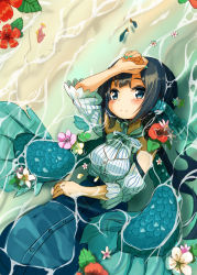 Rule 34 | 159cm, 1girl, afloat, bare shoulders, beach, black hair, blue eyes, blue nails, blue skirt, blush, bow, bowtie, closed mouth, clothing cutout, fingernails, fins, fish, flower, flower on liquid, hand up, head fins, long hair, looking at viewer, lying, mermaid, monster girl, nail polish, on back, original, pink flower, red flower, saiko (159cm), sand, shirt, shoulder cutout, skirt, smile, solo, striped bow, striped bowtie, striped clothes, striped neckwear, striped shirt, waves