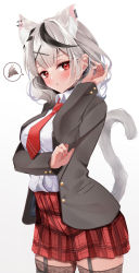 Rule 34 | 1girl, :t, animal ear fluff, animal ears, black hair, black jacket, blush, cat ears, cat girl, cat tail, closed mouth, collared shirt, cowboy shot, ear piercing, extra ears, garter straps, grey hair, hair ornament, highres, hololive, jacket, kamimori kuuraku, long sleeves, looking at viewer, multicolored hair, nail polish, necktie, open clothes, open jacket, piercing, plaid, plaid skirt, pleated skirt, red eyes, red nails, red necktie, red skirt, sakamata chloe, shirt, simple background, skirt, solo, spoken squiggle, squiggle, standing, streaked hair, tail, tail raised, thighhighs, virtual youtuber, white background, white shirt, x hair ornament