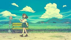 Rule 34 | 1girl, :o, bench, blue sailor collar, blue skirt, blue sky, blue socks, blush, brown eyes, brown footwear, brown hair, building, bus stop sign, choppy bangs, cloud, commentary request, day, dirt road, field, floating hair, food, grass, hand up, highres, holding, holding food, holding popsicle, house, loafers, long hair, looking back, mountainous horizon, neck ribbon, open mouth, original, outdoors, pleated skirt, popsicle, port (portzzz), red ribbon, ribbon, road, road sign, sailor collar, scenery, school uniform, shirt, shoes, short sleeves, sign, skirt, sky, sleeve cuffs, socks, solo, tree, walking, white shirt