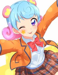 Rule 34 | 1girl, :p, aikatsu! (series), aikatsu stars!, blue hair, blush, brown skirt, character name, closed mouth, collared shirt, facial mark, gradient hair, hair ornament, hands up, highres, jacket, lens flare, lens flare abuse, long sleeves, looking at viewer, multicolored hair, neck ribbon, one eye closed, orange jacket, pink hair, pleated skirt, purple eyes, red ribbon, ribbon, sekina, shirt, simple background, skirt, smile, solo, star (symbol), tongue, tongue out, vest, white background, white shirt