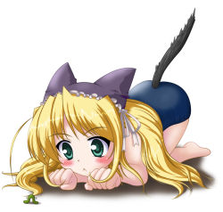 Rule 34 | 1girl, :&lt;, all fours, blonde hair, blush, hat, hat with ears, long hair, neopure, one-piece swimsuit, paw pose, school swimsuit, solo, swimsuit, tail, worm, wreathlit noel, yoake mae yori ruri iro na