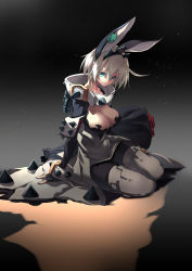 Rule 34 | 10mo, 1girl, ahoge, animal ears, arm support, blue eyes, bracelet, breasts, chain, cleavage, clothing cutout, clover, collar, dress, elphelt valentine, expressionless, fake animal ears, flower, four-leaf clover, grey hair, guilty gear, guilty gear xrd, hair between eyes, highres, huge ahoge, jewelry, large breasts, rabbit ears, red flower, red rose, rose, shaded face, short hair, sitting, solo, spiked bracelet, spiked collar, spikes, tiara, wedding dress