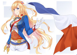 Rule 34 | 1girl, 5plus, blonde hair, blue eyes, braid, crown braid, epaulettes, french flag, gloves, hair ornament, highres, long hair, looking at viewer, military, military uniform, parted lips, richelieu (warship girls r), shorts, smile, solo, uniform, very long hair, warship girls r, white gloves, white shorts