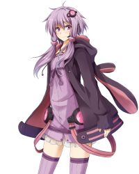 Rule 34 | 1girl, animal hood, blush, cowboy shot, dress, flask (pandora), hair ornament, highres, hood, hood down, hooded jacket, jacket, long sleeves, looking at viewer, low twintails, open clothes, open jacket, purple dress, purple eyes, purple hair, purple thighhighs, rabbit hood, short hair with long locks, smile, solo, tachi-e, thighhighs, transparent background, twintails, vocaloid, voiceroid, white background, yuzuki yukari