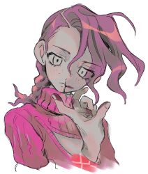 Rule 34 | 1boy, blood, blood on face, blood on hands, braid, c73an, cleavage cutout, clothing cutout, cropped torso, disembodied hand, eyelashes, freckles, hair between eyes, highres, jojo no kimyou na bouken, looking at viewer, male focus, nosebleed, pink hair, pink sweater, ribbed sweater, simple background, sweater, turtleneck, turtleneck sweater, vento aureo, vinegar doppio, white background