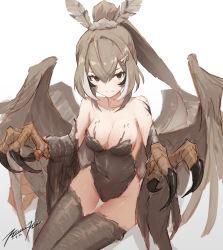 Rule 34 | 1girl, bare shoulders, black eyes, breasts, brown hair, cleavage, empty eyes, feather hair ornament, feathered wings, feathers, hair ornament, hairclip, harpy, highres, hololive, hololive english, long hair, looking at viewer, medium breasts, monster girl, multicolored hair, multiple girls, nanashi mumei, ponytail, punished pigeon, runes, sidelocks, solo, streaked hair, talons, very long hair, virtual youtuber, white background, winged arms, wings