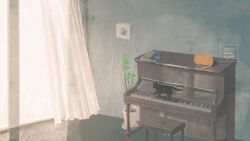 Rule 34 | animal, black cat, cat, curtains, highres, indoors, instrument, no humans, nothingblues yuki, on piano, orange cat, original, piano, plant, scenery, window