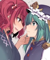 Rule 34 | 2girls, asa (coco), asymmetrical hair, blush, drunk, face-to-face, hair bobbles, hair ornament, hand on another&#039;s chin, hat, imminent kiss, multiple girls, nose blush, onozuka komachi, parted lips, shiki eiki, smile, squeans, sweat, touhou, twintails, two side up, upper body, yuri