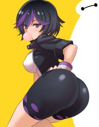 Rule 34 | 1girl, ass, baymax, bent over, big hero 6, bike shorts, black hair, black jacket, blush, breasts, blowing bubbles, chewing gum, cowboy shot, from behind, gogo tomago, jacket, konno tohiro, looking at viewer, looking back, medium breasts, multicolored hair, open clothes, open jacket, purple eyes, purple hair, shirt, short hair, solo, two-tone hair, white shirt