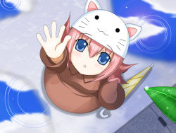 Rule 34 | 1girl, animal hat, bad id, bad pixiv id, blue eyes, cat hat, cloud, day, foreshortening, from above, hat, looking up, megurine luka, megurine luka (toeto), pink hair, rain, reflection, reflective water, sky, solo, toeto (vocaloid), umbrella, vocaloid, water, yakitori (oni)