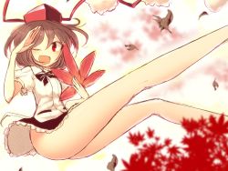 Rule 34 | 1girl, ass, autumn leaves, bad anatomy, bad proportions, bare legs, black hair, hat, kuresento, leaf fan, long legs, miniskirt, one eye closed, open mouth, poorly drawn, red eyes, shameimaru aya, skirt, solo, thighs, tokin hat, touhou, wind, wind lift