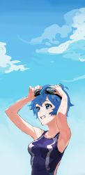 Rule 34 | 1girl, arms up, bad id, bad pixiv id, blue eyes, blue hair, blue sky, breasts, cloud, cloudy sky, competition swimsuit, day, eyelashes, goggles, goggles on head, grin, highres, kamishiro sui, looking to the side, matching hair/eyes, one-piece swimsuit, rr (suisse200), short hair, sky, smile, solo, swimsuit, tokyo 7th sisters, water, wet