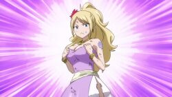 1girl animated bare_shoulders blonde_hair blue_eyes breasts cleavage clothes_pull dress earrings emphasis_lines fairy_tail jenny_realight jewelry large_breasts long_hair pink_dress solo tagme video