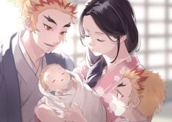 Rule 34 | 1girl, 3boys, :d, aged down, baby, bird, black hair, blonde hair, blush, bright pupils, brothers, carrying, child carry, closed eyes, closed mouth, commentary request, fingernails, flame print, floral print, forked eyebrows, hakama, hakama pants, half updo, husband and wife, japanese clothes, katana, kimetsu no yaiba, kimono, light smile, long hair, long sleeves, looking at another, looking at viewer, low-tied long hair, mismatched eyebrows, mother and son, motherly, multicolored eyes, multicolored hair, multiple boys, open mouth, pants, ponytail, print sleeves, red eyes, red hair, rengoku kyoujurou, rengoku ruka, rengoku senjurou, rengoku shinjurou, shouji, siblings, sidelocks, sliding doors, smile, socks, sword, teeth, thick eyebrows, tongue, two-tone hair, upper teeth only, user estd2855, weapon, white pupils, wide sleeves