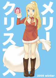Rule 34 | 00s, 1girl, 2009, artist request, blonde hair, blue background, blue eyes, boots, breasts, brown footwear, cleavage, cropped jacket, dress, earrings, fullmetal alchemist, fur trim, gift, happy, holding, holding gift, jewelry, knee boots, long hair, merry christmas, neck ribbon, open mouth, ponytail, red dress, red ribbon, ribbon, sack, solo, translated, watermark, web address, winry rockbell, winter
