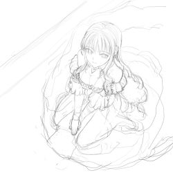 Rule 34 | 1girl, bare shoulders, breasts, cleavage, corset, dress, elbow gloves, frills, from above, gloves, gown, greyscale, hand on head, long hair, monochrome, nakabayashi reimei, original, princess, sketch, sleeping, smile, solo