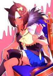 Rule 34 | 1girl, absurdres, air groove (umamusume), animal ears, black dress, black thighhighs, blue skirt, blush, brown hair, candy, chocolate, chocolate bar, closed mouth, commentary request, dress, ear ornament, food, hair over one eye, hand on own thigh, heart, highres, holding, holding chocolate, holding food, horse ears, horse girl, horse tail, licking lips, looking at viewer, o-ring, on chair, petticoat, pink background, pleated skirt, purple eyes, sarabure, short hair, short sleeves, single thighhigh, sitting, skirt, smile, solo, tail, thighhighs, tongue, tongue out, two-tone background, two-tone dress, umamusume, valentine, white background, yellow dress