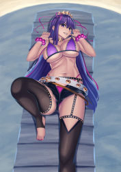 Rule 34 | 1girl, absurdres, bad anatomy, bare shoulders, bb (fate), bb (fate) (all), bb (swimsuit mooncancer) (fate), bb (swimsuit mooncancer) (second ascension) (fate), beach chair, belt, bikini, black gloves, black shorts, black thighhighs, blush, breasts, cleavage, fate/grand order, fate (series), feet, fingerless gloves, gloves, grin, hair between eyes, hair ornament, hair ribbon, hairband, highres, knee up, large breasts, long hair, looking at viewer, micro shorts, nail polish, navel, neck ribbon, purple bikini, purple eyes, purple hair, purple ribbon, ribbon, short shorts, shorts, smile, solo, star (symbol), star hair ornament, strap pull, studded garter belt, swimsuit, takinashi (friend coffee), thighhighs, thighs, toeless legwear, very long hair, white belt